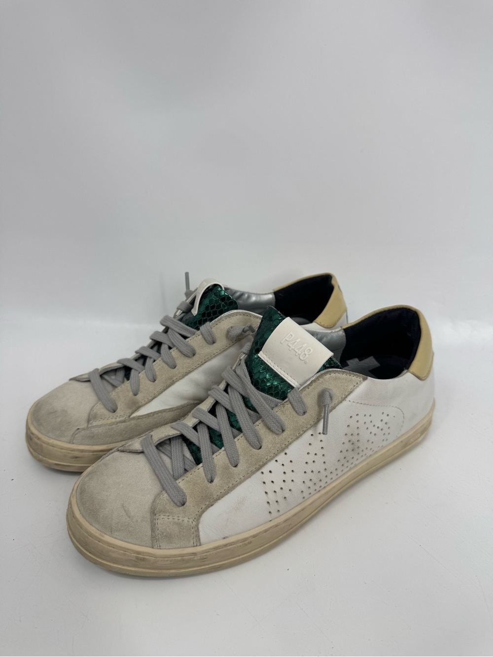 P448 John Green Glitter Snake Perforated Leather Distressed Low Top Sneakers 38